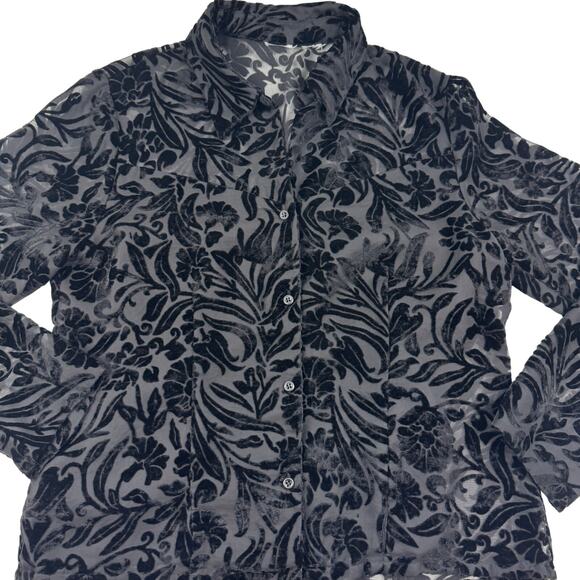 Velvet Burnout Floral Long Sleeve Button Down Blouse Women's Size Large - Picture 2 of 4